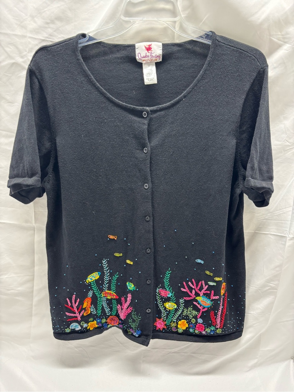 Quacker Factory Sweater Womens Black Sz 1X Grandmacore “Under The Sea” Button Up